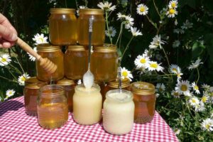 Our three textures of honey with jars of runny honey as background